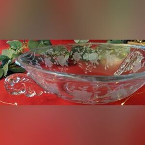FOSTORIA "Meadow Rose" 11 Inch Serving Bowl Etched 2 Handled Vintage Glass